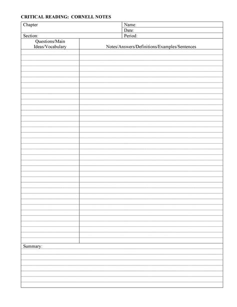 Download Printable Cornell Method Note-Taking Template PDF